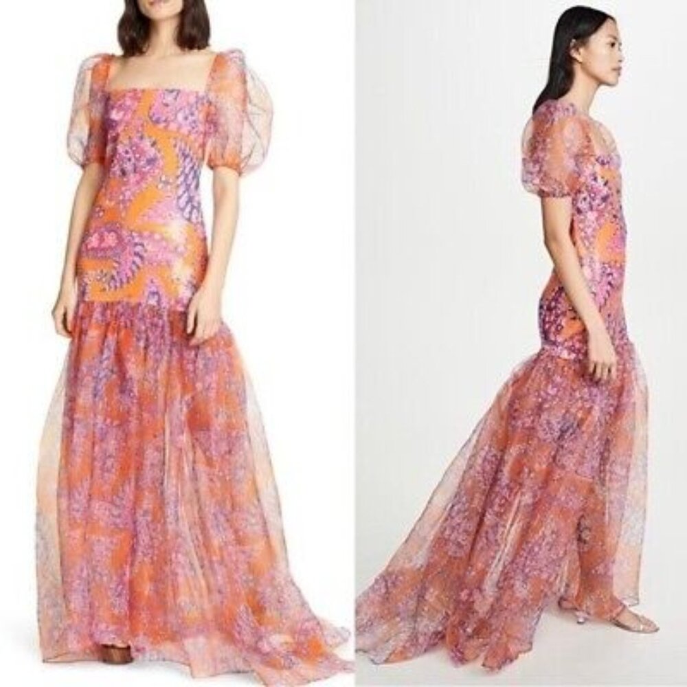 STAUD Wilde Gown - MONARCH PAISLEY - Size 6 - Orange Pink Sequin Sheer FORMAL